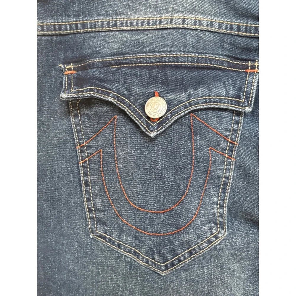 True Religion Geno Relaxed Slim Jeans Blue Denim Mens 38 Flap Pocket Red Stitch